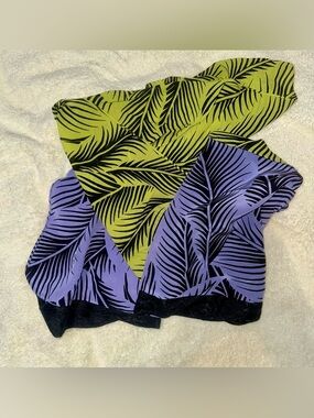 Kouta Silk Palm Print Scarf Purple Lime Green Black Lace Trim 71x10